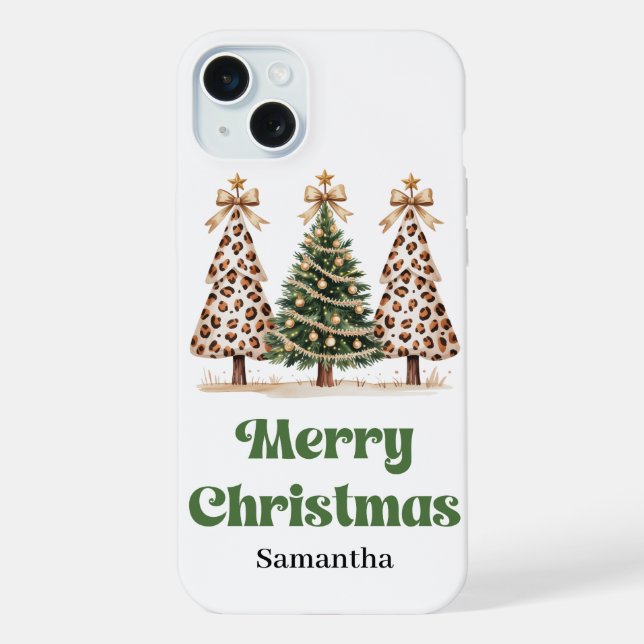 Stylish leopard Print Christmas trees personalised iPhone Case (Back)