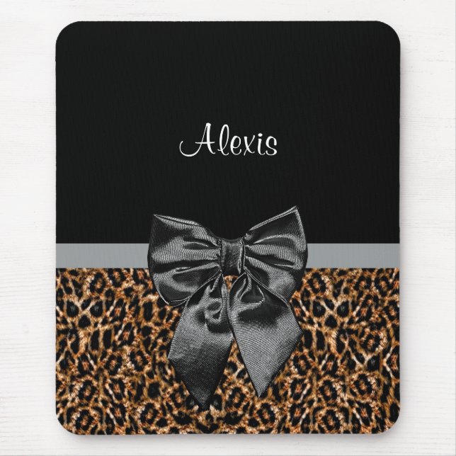 Stylish Leopard Print Elegant Black Bow and Name Mouse Pad (Front)