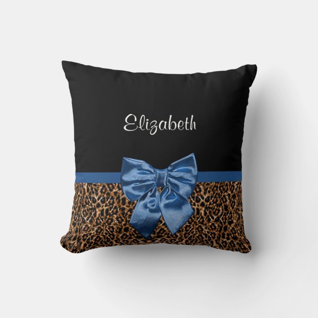 Stylish Leopard Print Elegant Blue Bow and Name Cushion (Front)