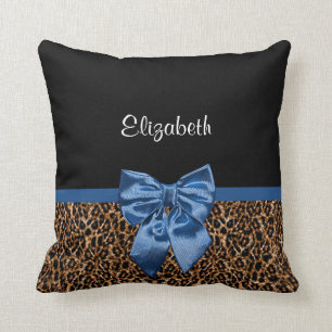 Stylish Leopard Print Elegant Blue Bow and Name Cushion