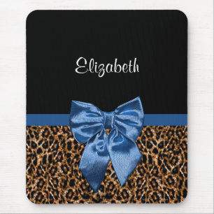 Stylish Leopard Print Elegant Blue Bow and Name Mouse Pad