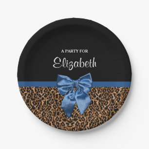 Stylish Leopard Print Elegant Blue Bow and Name Paper Plate