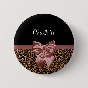 Stylish Leopard Print Elegant Brown Bow and Name 6 Cm Round Badge