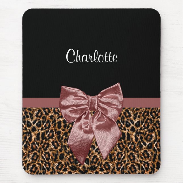 Stylish Leopard Print Elegant Brown Bow and Name Mouse Pad (Front)