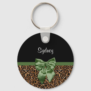 Stylish Leopard Print Elegant Green Bow and Name Key Ring
