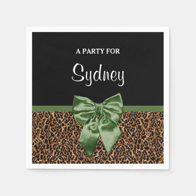 Stylish Leopard Print Elegant Green Bow Party Name Napkin (Front)