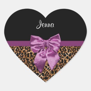 Stylish Leopard Print Elegant Purple Bow and Name Heart Sticker