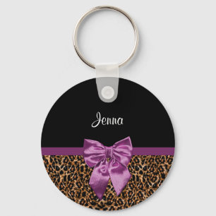 Stylish Leopard Print Elegant Purple Bow and Name Key Ring