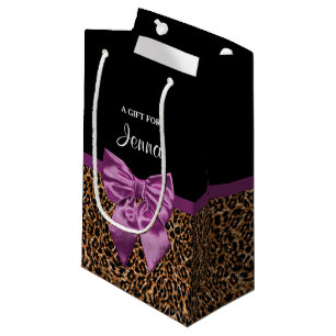 Stylish Leopard Print Elegant Purple Bow and Name Small Gift Bag