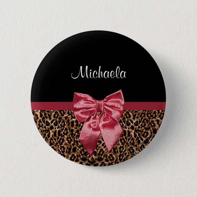 Stylish Leopard Print Elegant Red Bow and Name 6 Cm Round Badge (Front)