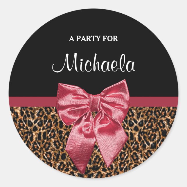 Stylish Leopard Print Elegant Red Bow and Name Classic Round Sticker (Front)