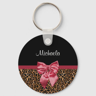 Stylish Leopard Print Elegant Red Bow and Name Key Ring