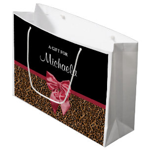 Stylish Leopard Print Elegant Red Bow and Name Large Gift Bag