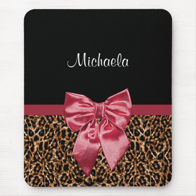 Stylish Leopard Print Elegant Red Bow and Name Mouse Pad (Front)