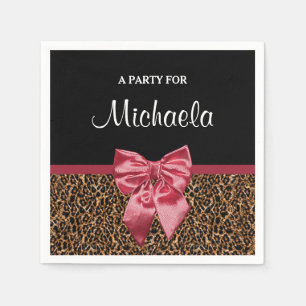 Stylish Leopard Print Elegant Red Bow and Name Napkin