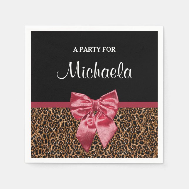 Stylish Leopard Print Elegant Red Bow and Name Napkin (Front)