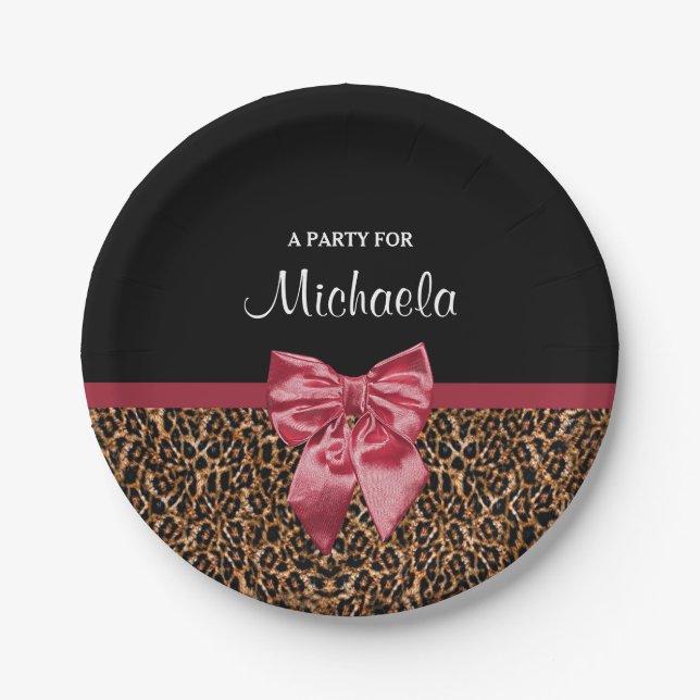 Stylish Leopard Print Elegant Red Bow and Name Paper Plate (Front)