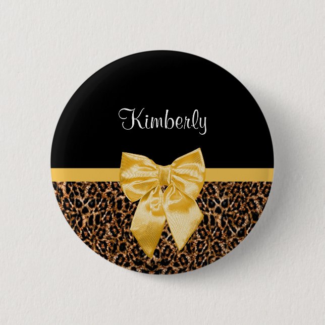 Stylish Leopard Print Elegant Yellow Bow and Name 6 Cm Round Badge (Front)