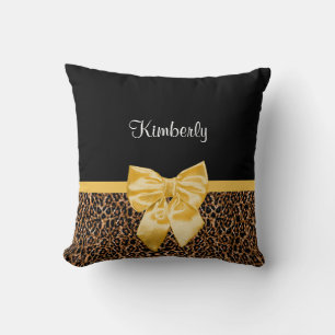 Stylish Leopard Print Elegant Yellow Bow and Name Cushion