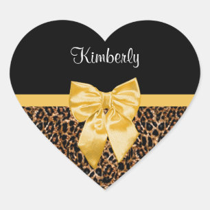 Stylish Leopard Print Elegant Yellow Bow and Name Heart Sticker