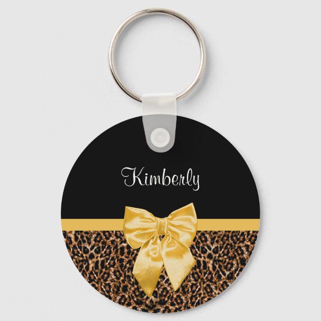 Stylish Leopard Print Elegant Yellow Bow and Name Key Ring (Front)