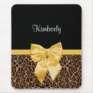 Stylish Leopard Print Elegant Yellow Bow and Name Mouse Pad