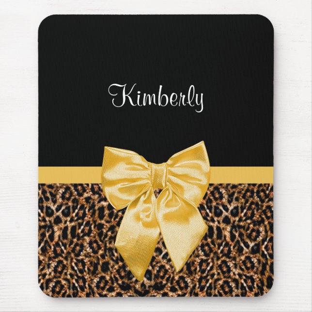 Stylish Leopard Print Elegant Yellow Bow and Name Mouse Pad (Front)