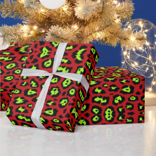 Stylish leopard print neon chartreuse green red wrapping paper