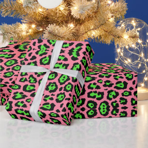 Stylish leopard print neon green pink trendy chic wrapping paper