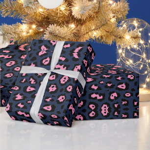 Stylish leopard print pattern pink and navy blue wrapping paper