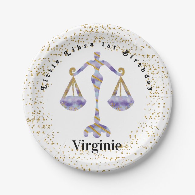 Stylish Libra 1st Birthday & Gold Confetti Paper Plate (Front)