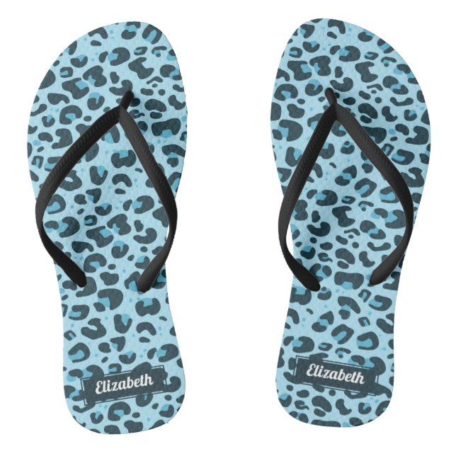 Stylish light blue leopard spots with name jandals (Footbed)