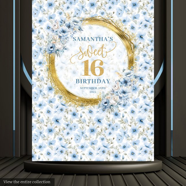 Stylish Light Blue Sweet 16 Gold Glitter Banner  Tapestry (Stylish Light Blue Sweet 16 Gold Glitter Banner Tapestry )