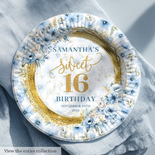 Stylish Light Blue Sweet 16 Gold Glitter Party  Paper Plate