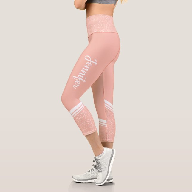 Stylish light pink floral white stripes and name capri leggings (Left)