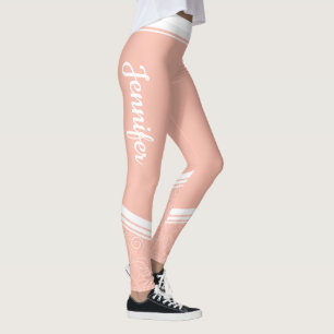 Stylish light pink floral white stripes and name leggings