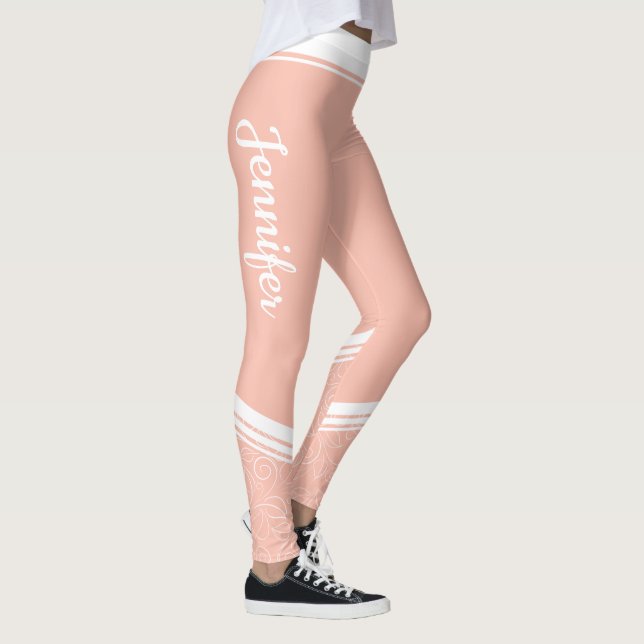 Stylish light pink floral white stripes and name leggings (Right)