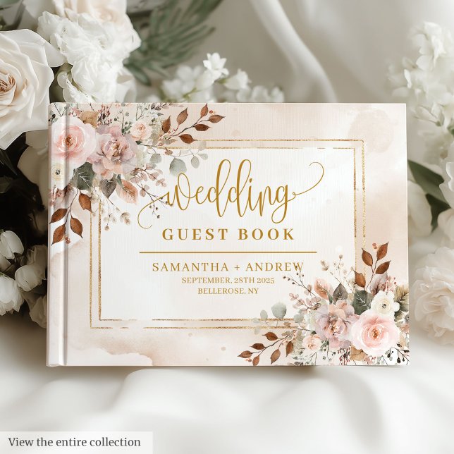 Stylish Light Pink Gold Autumn Watercolor Wedding Guest Book (Stylish Light Pink Gold Autumn Watercolor Wedding Guest Book)