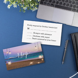 stylish lights beach sunset tropical rsvp wedding card