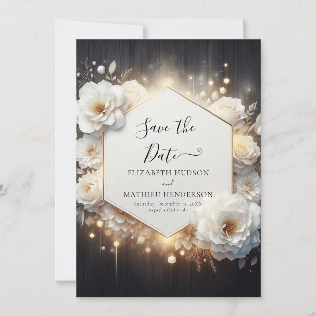Stylish Lights White Roses Wedding Save The Date (Front)