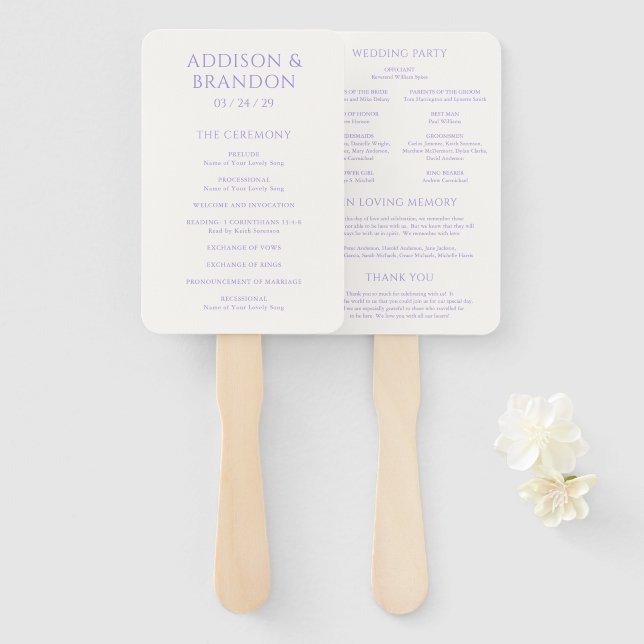 Stylish Lilac Modern Wedding Program Hand Fan (Front and Back)