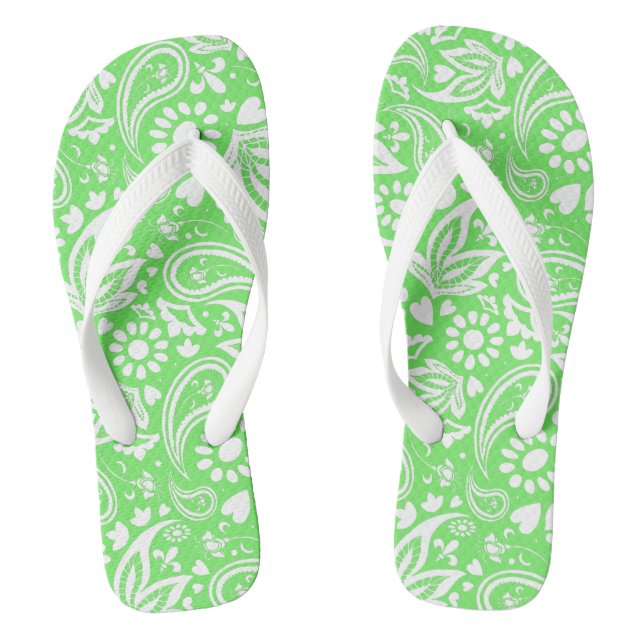 Stylish Lime Green and White Paisley Patterned Jandals (Footbed)