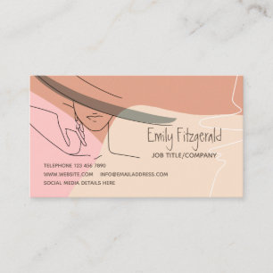 Stylish Line Drawing Female in Hat Hand Pink Cream Business Card
