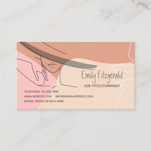 Stylish Line Drawing Female in Hat Hand Pink Cream Business Card (Front)