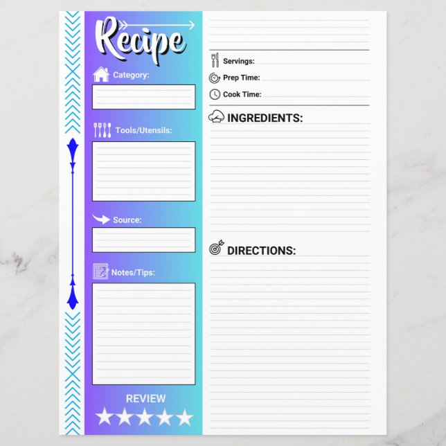 Stylish Lined Recipe Pages (Letter Format Paper) (Front)