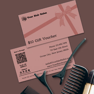 Stylish Logo QR Code Ribbon $10 Gift Voucher Card