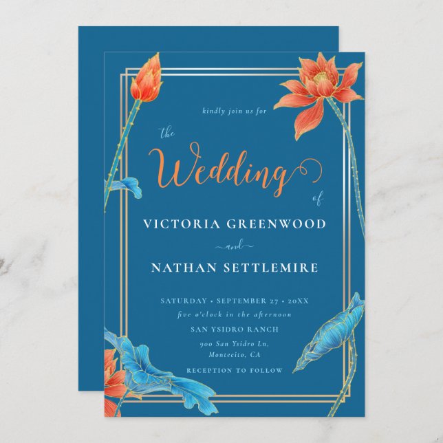 Stylish Lotus Flower Orange and Blue Wedding  Invitation (Front/Back)