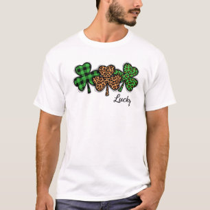 Stylish Lucky Clover Buffalo Plaid Leopard Art T-Shirt