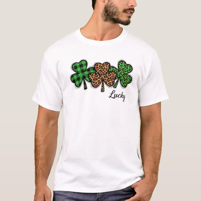 Stylish Lucky Clover Buffalo Plaid Leopard Art T-Shirt (Front)