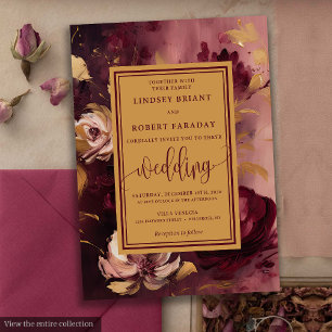 Stylish Lux Merlot Blush Gold Floral Wedding Invitation